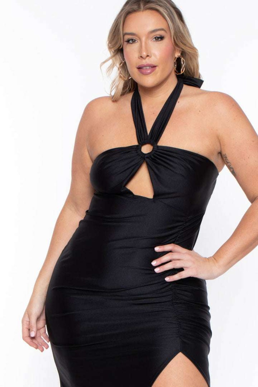 Dresses * | Curvy Sense Plus Size Aris Halter Dress Little Styles Black