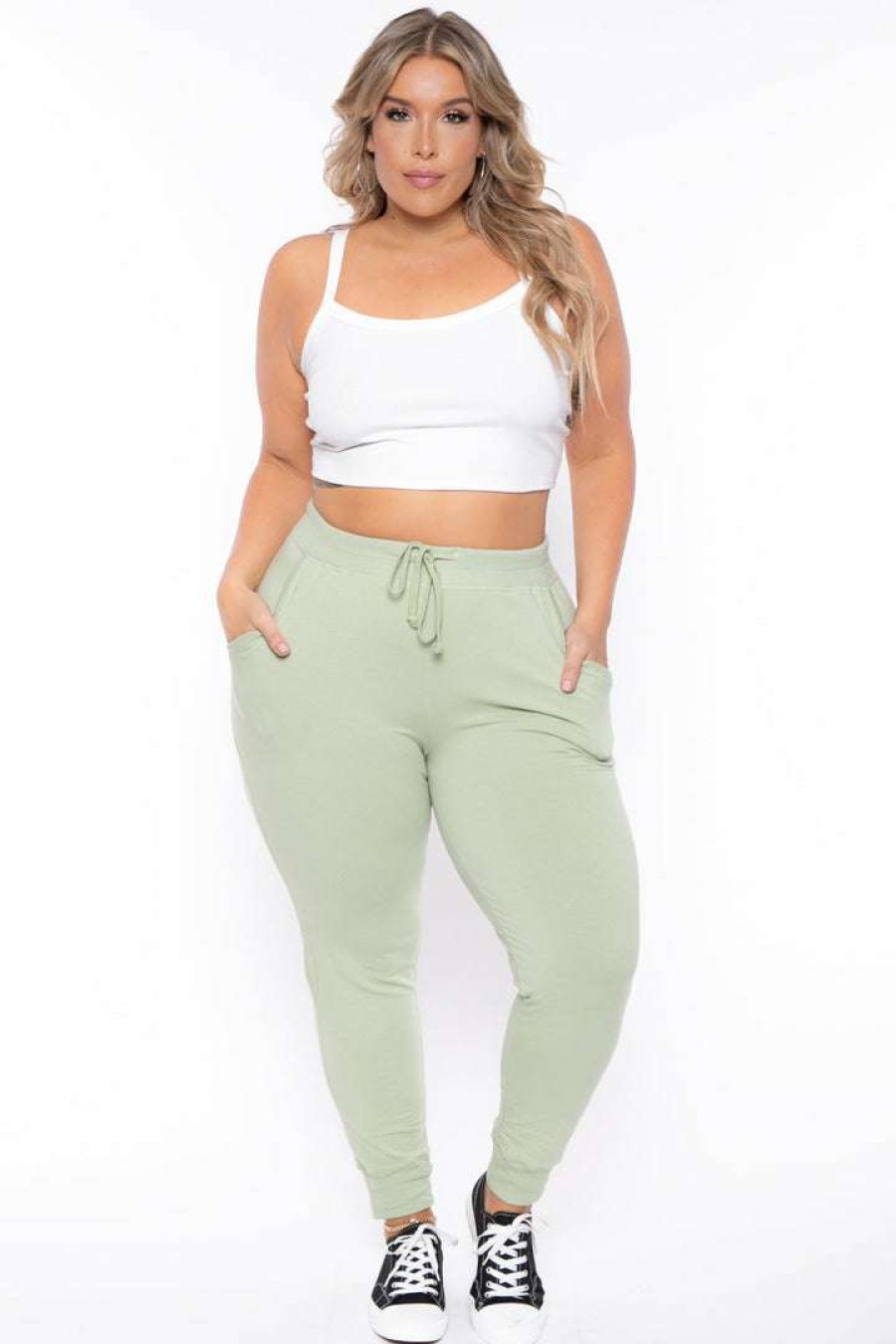 Bottoms * | Ambiance Plus Size Sweat Jogger Bottoms Sage