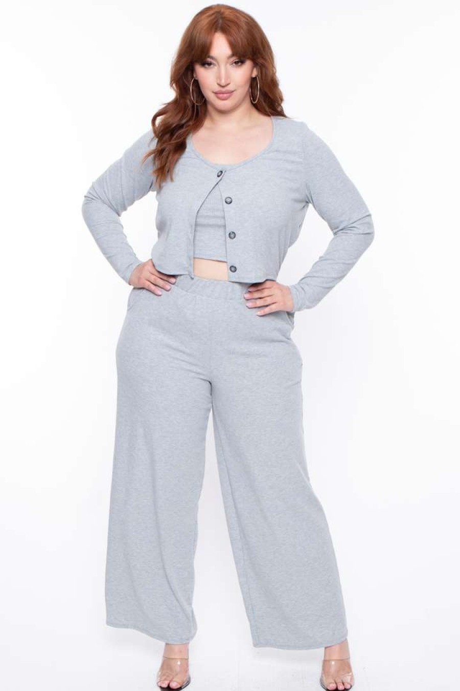 Sets * | Curvy Sense Plus Size Essential Ribbed Button Front Top Heather Grey