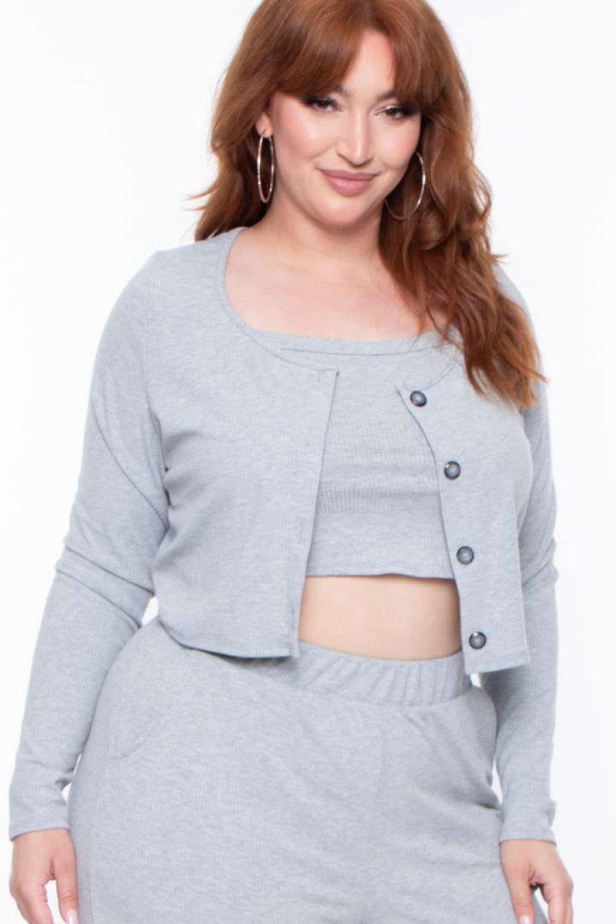 Sets * | Curvy Sense Plus Size Essential Ribbed Button Front Top Heather Grey