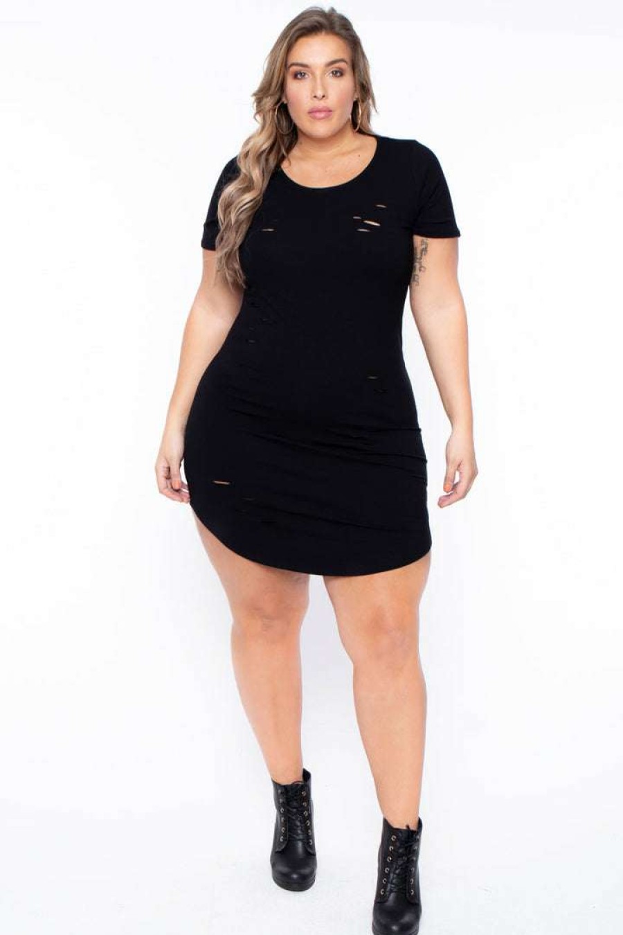 Dresses * | Curvy Sense Most Loved Plus Size Destroyed Tee Dress Black