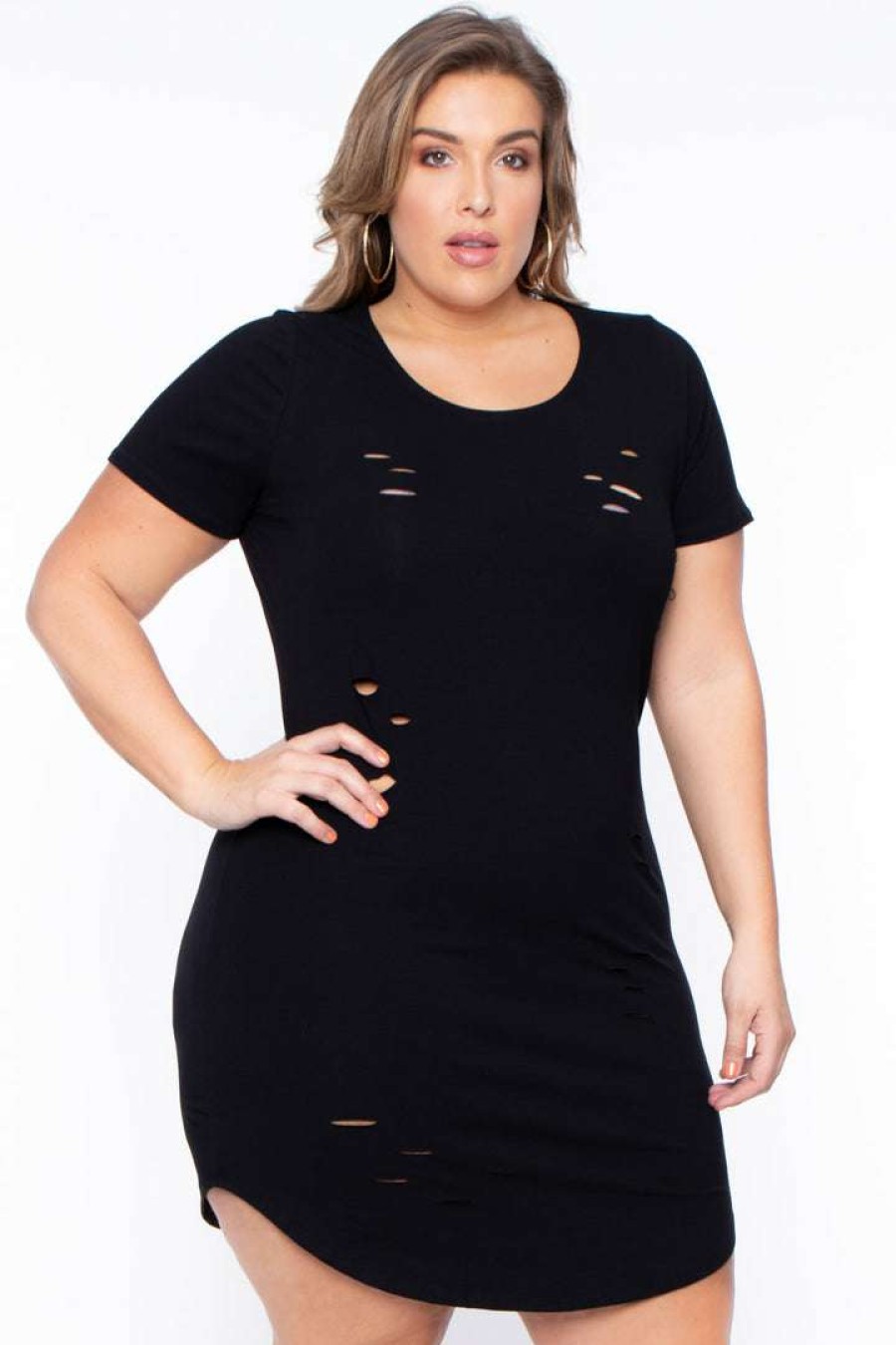 Dresses * | Curvy Sense Most Loved Plus Size Destroyed Tee Dress Black