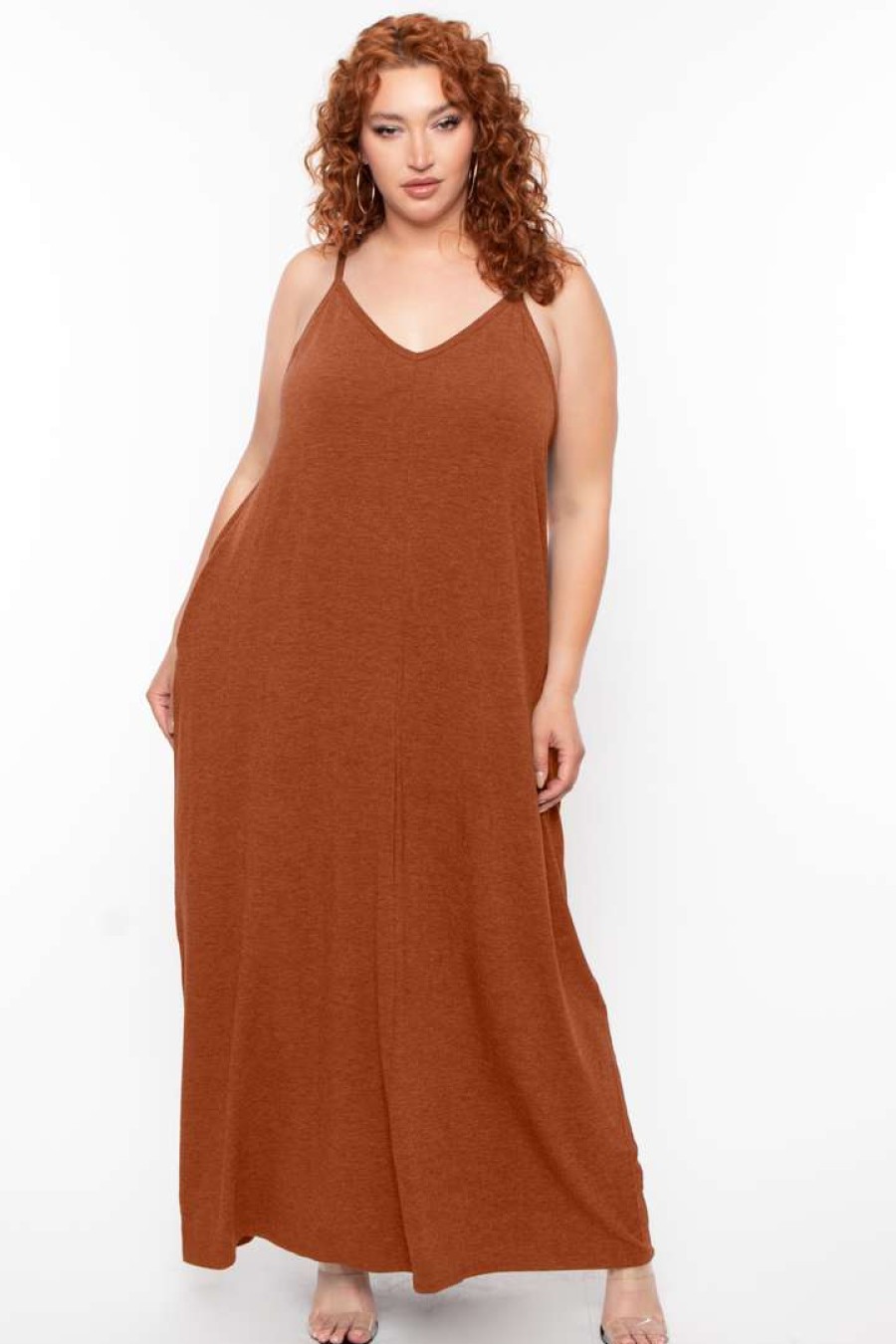 Dresses * | Zenana Plus Size Cami Strap Maxi Dress Almond