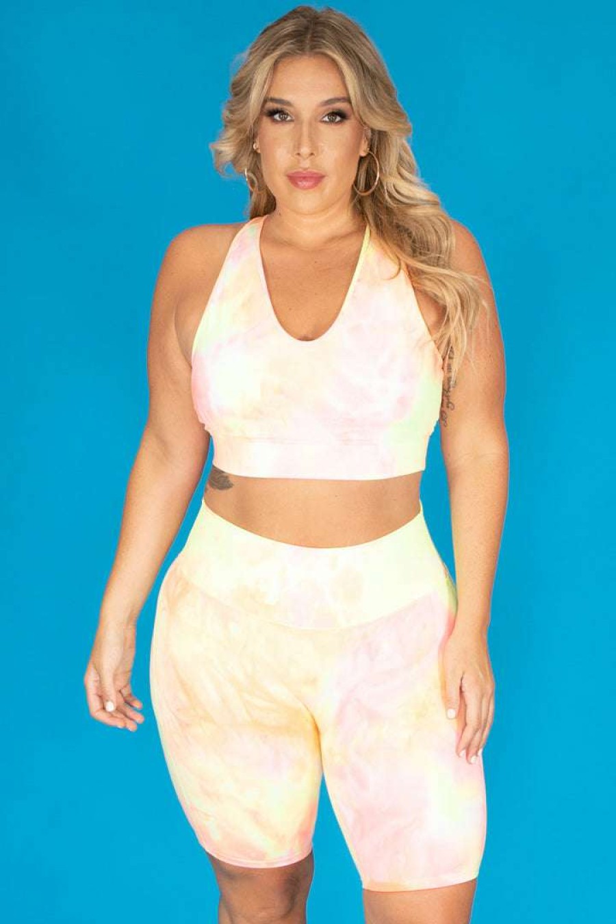 Sets * | Zenana Plus Size Gabi Tie Dye Biker Shorts Set New Arrivals Neon Pink