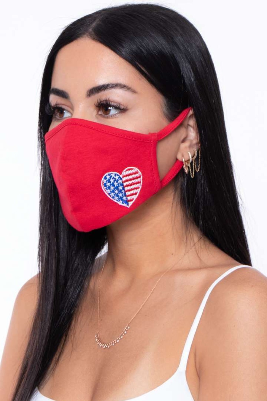 Accessories * | Curvy Sense Face Masks Washable & Reusable Embroide Face Mask Heart Flag Red