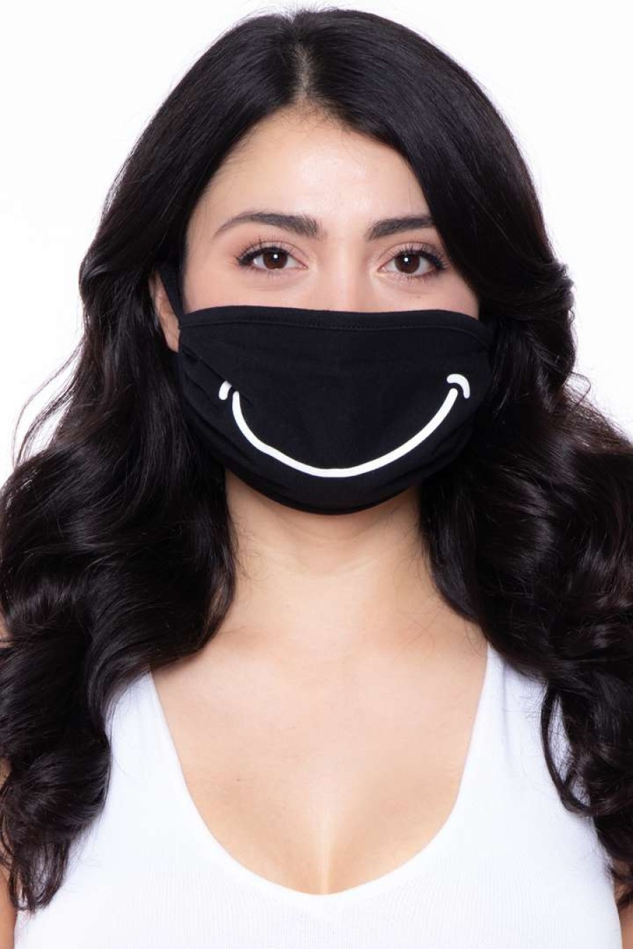 Accessories * | Curvy Sense Washable & Reusable Printed Face Mask Smiley Face Black