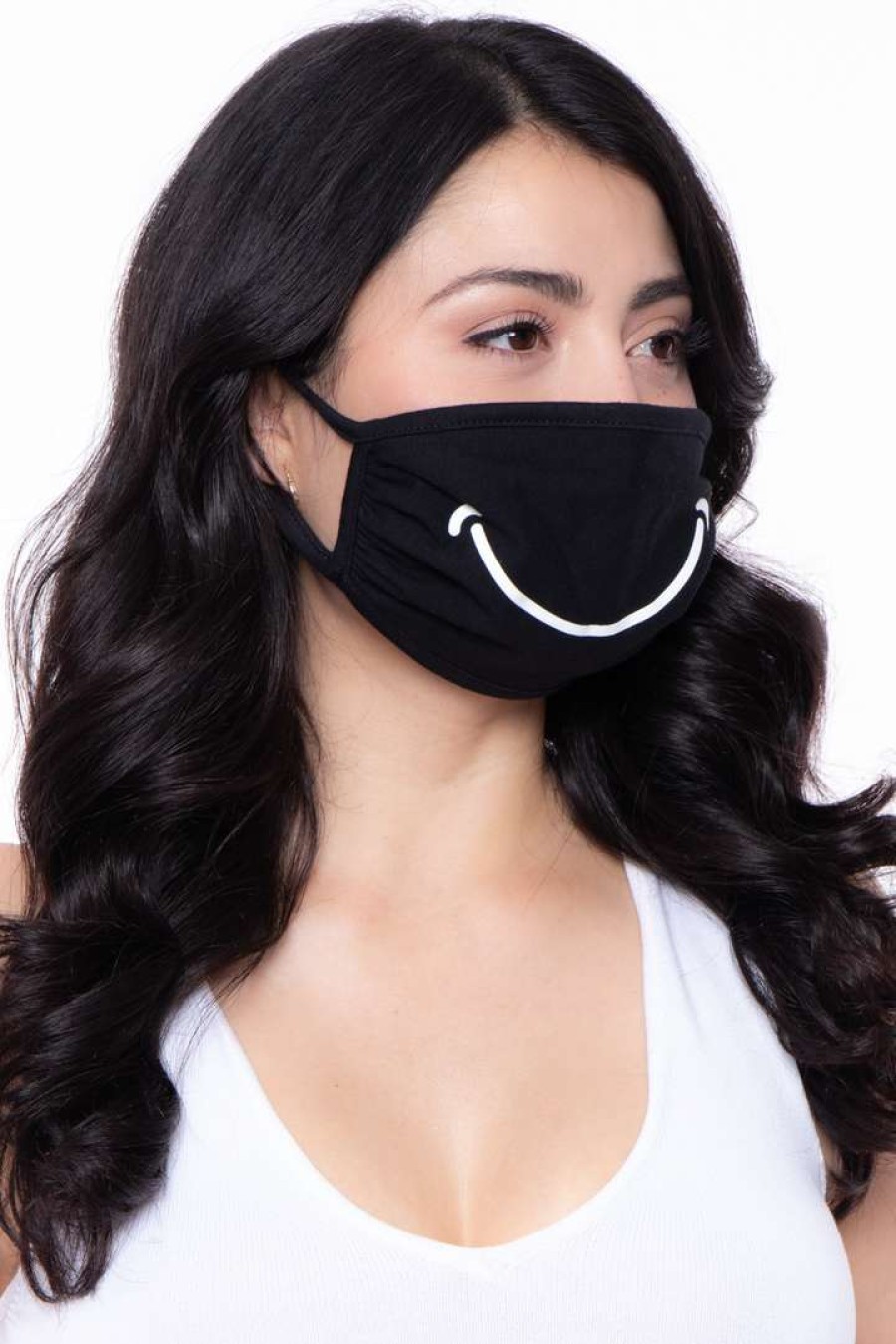 Accessories * | Curvy Sense Washable & Reusable Printed Face Mask Smiley Face Black