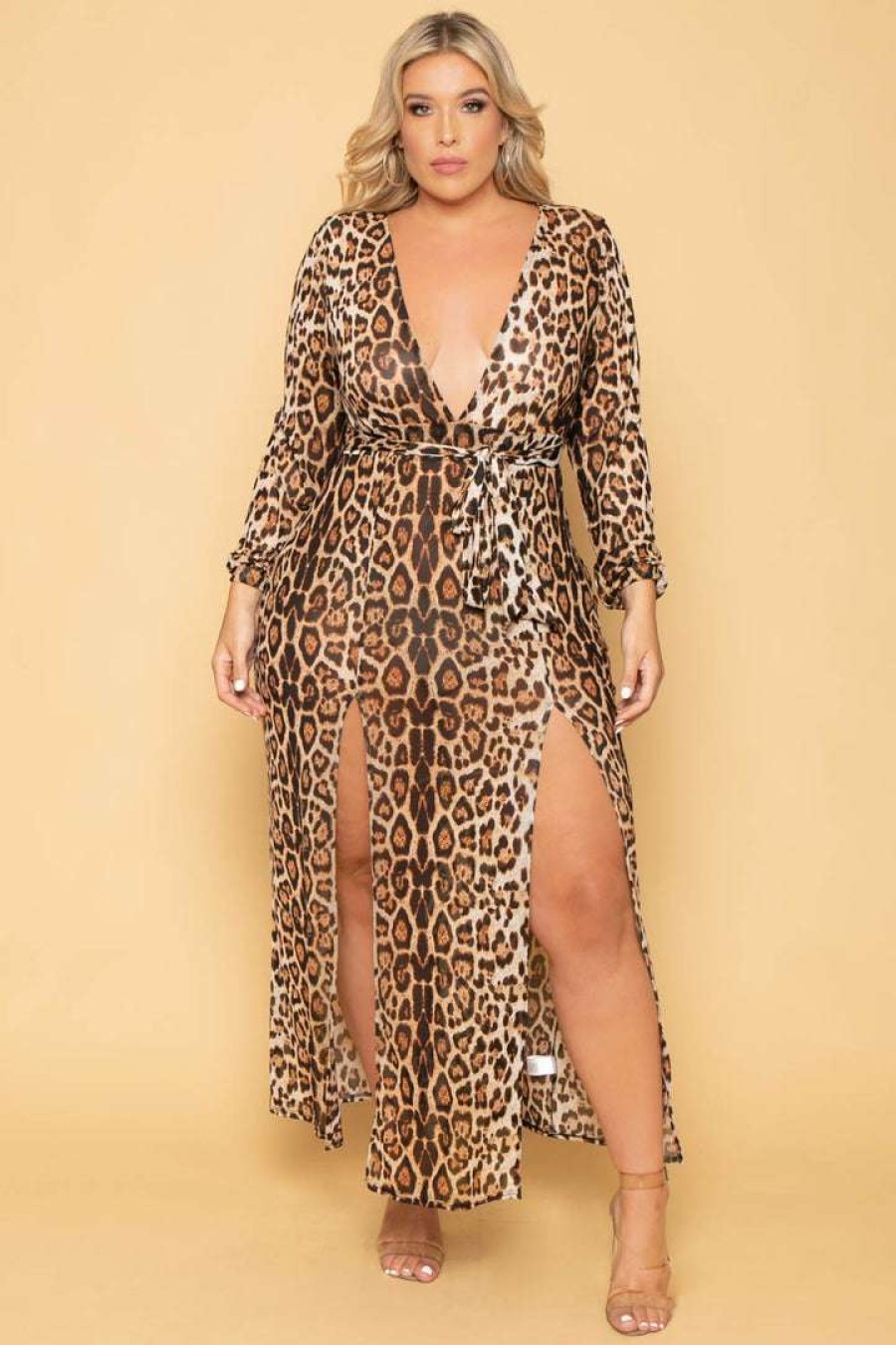 Dresses * | Curvy Sense New Arrivals Plus Size Leopard Mesh Maxi Dress Brown