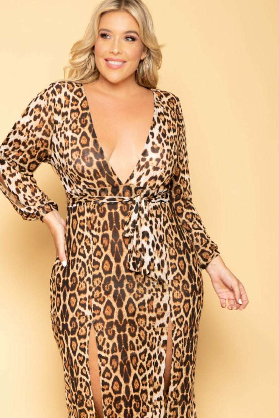 Dresses * | Curvy Sense New Arrivals Plus Size Leopard Mesh Maxi Dress Brown