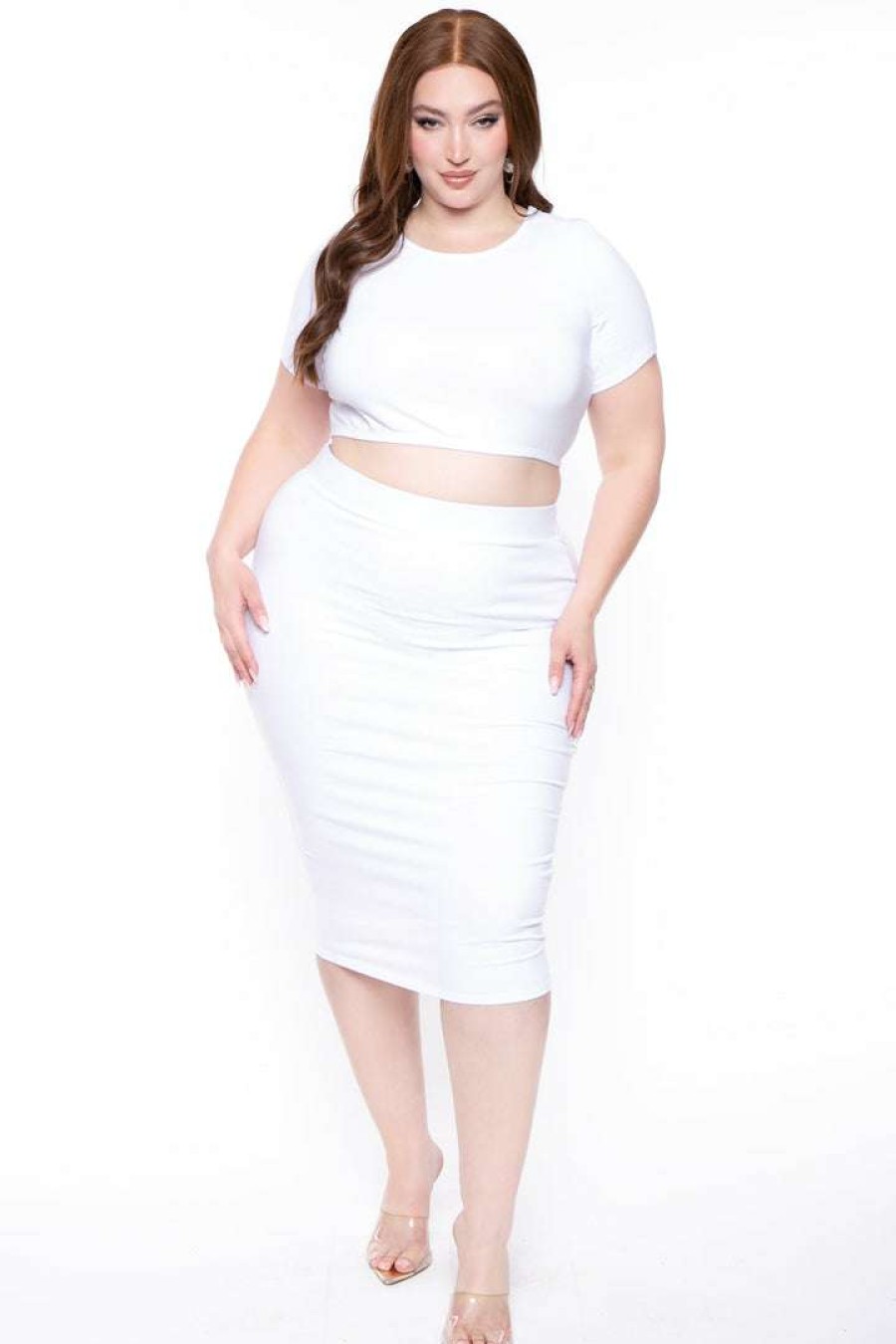 Sets * | Curvy Sense Plus Size Jane Crop Top And Skirt Matching Set New Arrivals White