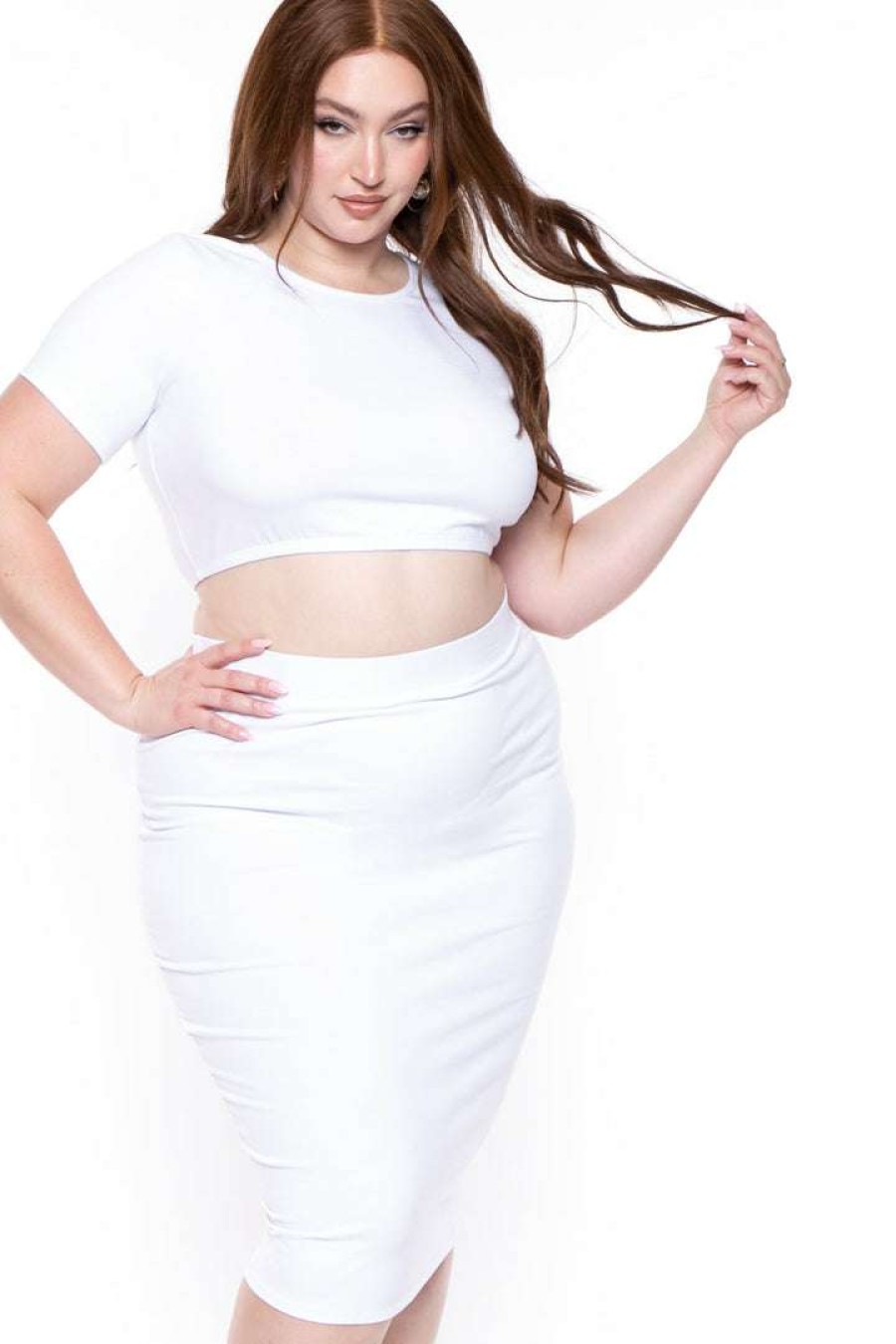 Sets * | Curvy Sense Plus Size Jane Crop Top And Skirt Matching Set New Arrivals White