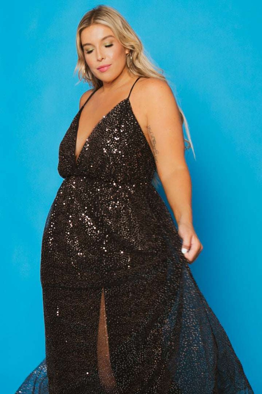 Dresses * | Symphony New Arrivals Plus Size Anaira Maxi Glitter Dress Black