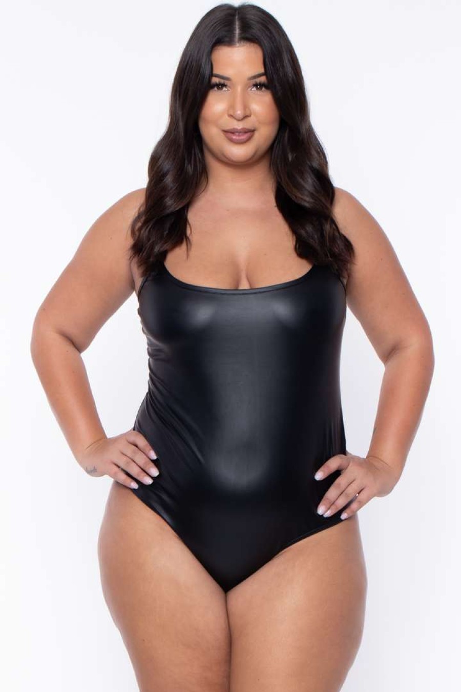 Tops * | Curvy Sense Back In Stock Plus Size Leta Faux Leather Cami Bodysuit Black