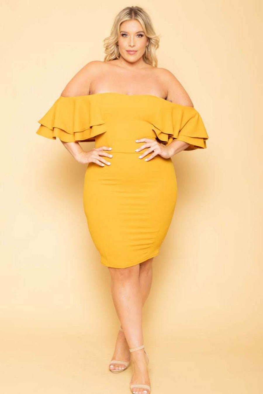 Dresses * | Gibiu Plus Size Brie Off The Shoulder Ruffle Dress New Arrivals Mustard