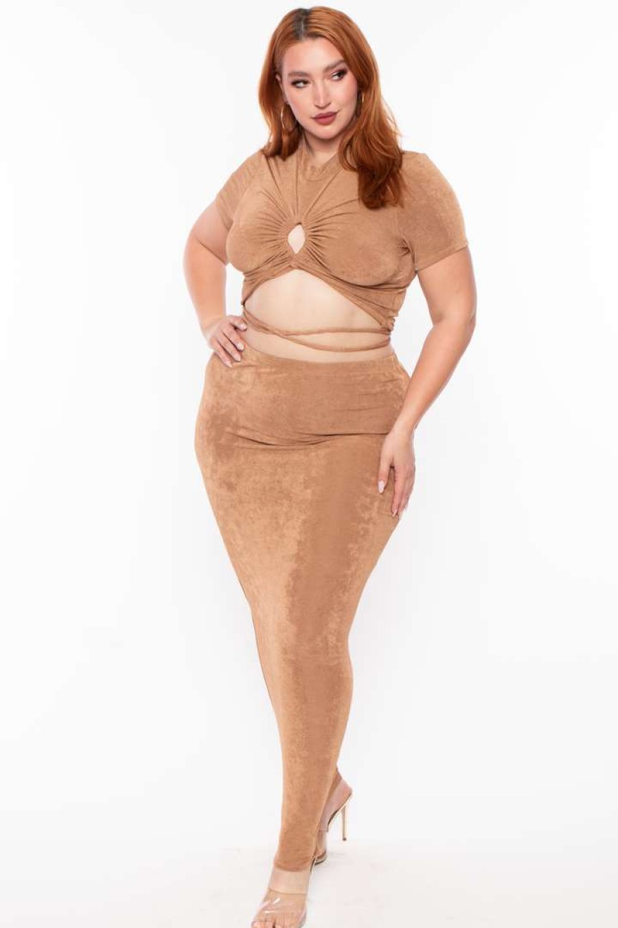 Sets * | Curvy Sense Matching Sets Plus Size Leanne Slinky Matching Set Camel