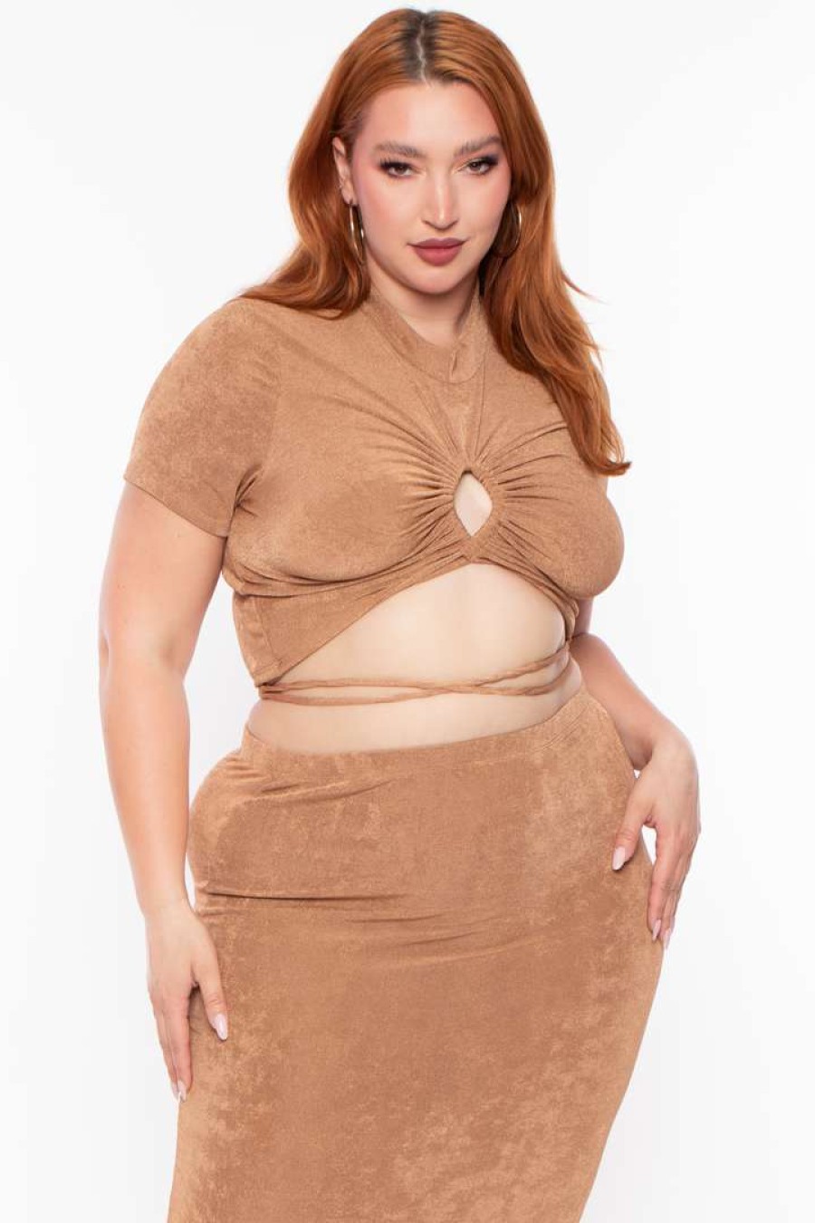 Sets * | Curvy Sense Matching Sets Plus Size Leanne Slinky Matching Set Camel