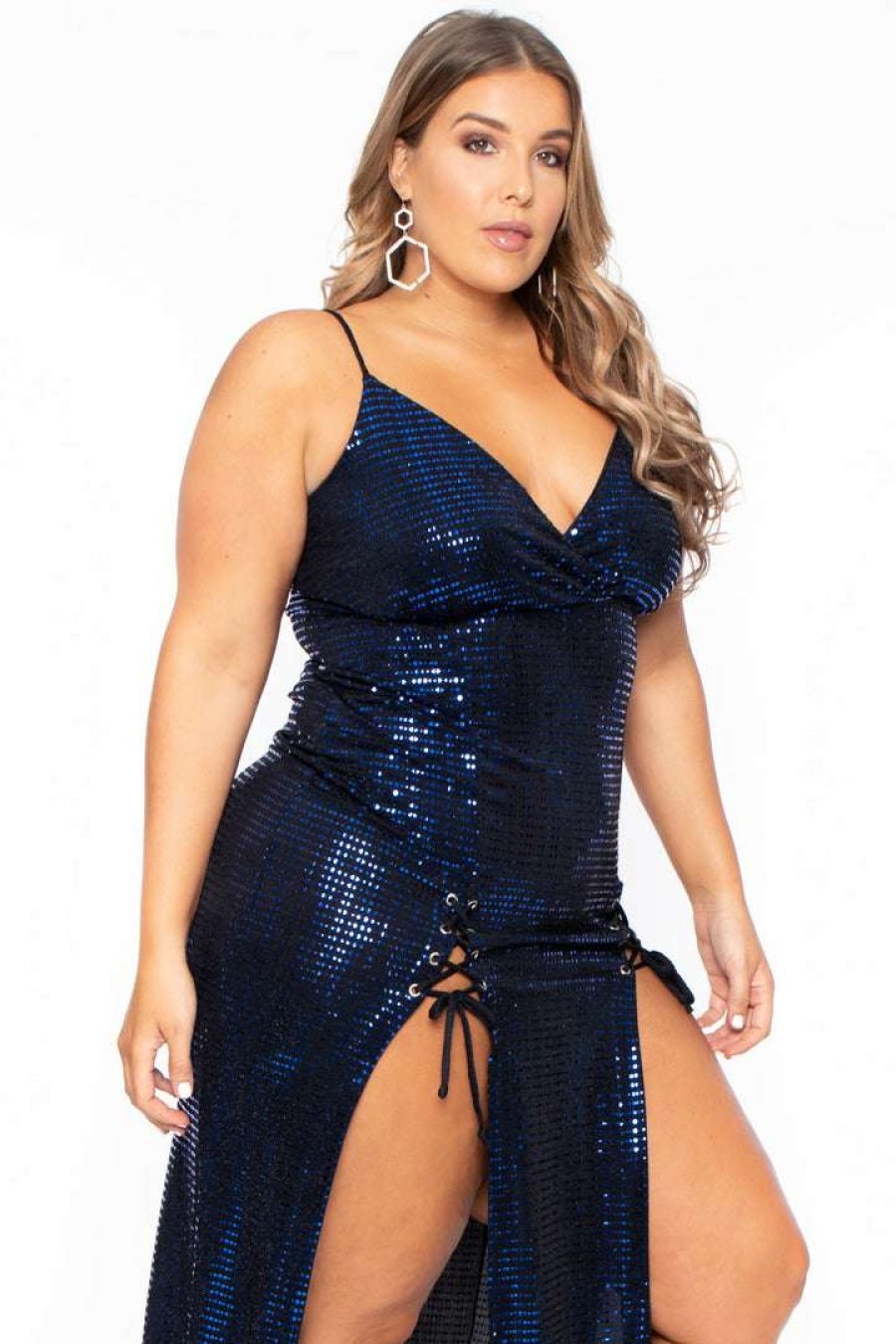 Dresses * | Curvy Sense Plus Size Melissa Sequins M-Slit Dress Most Loved Blue