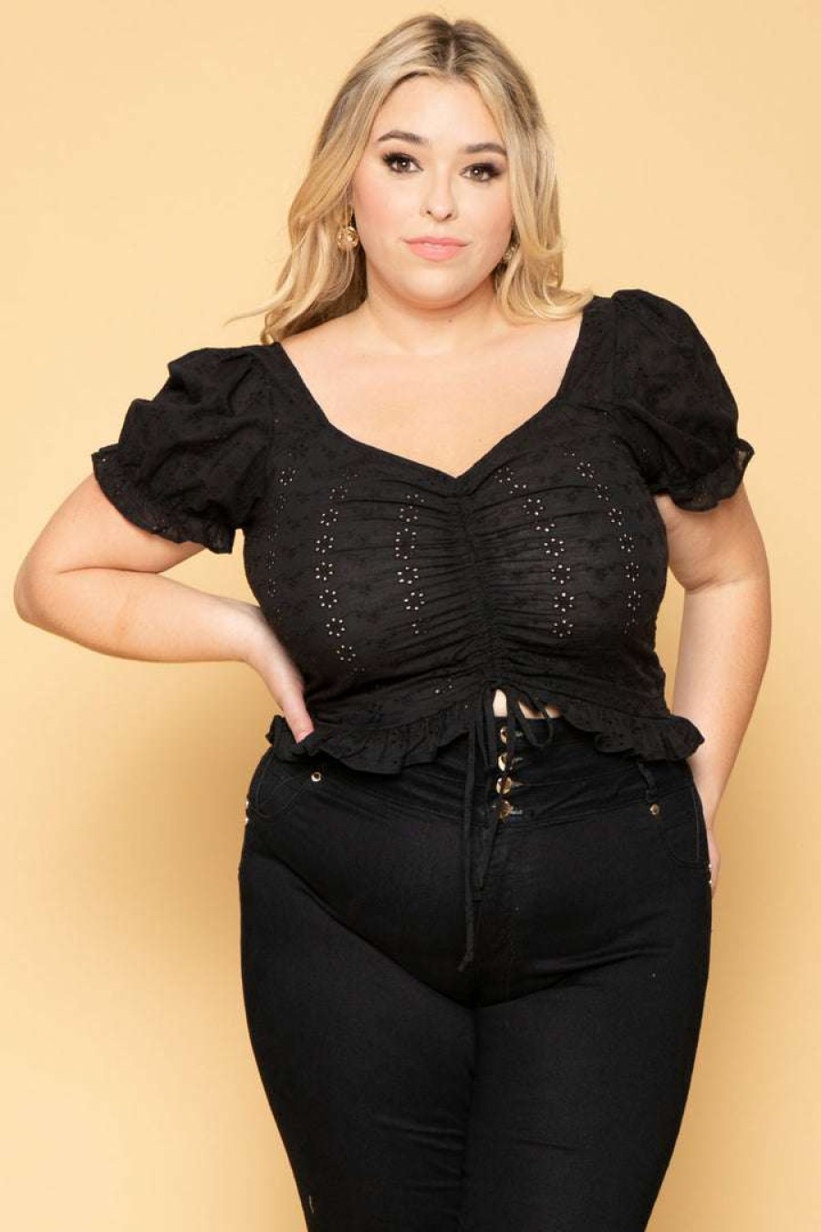 Tops * | Ambiance Plus Size Brin Eyelet Top New Arrivals Black