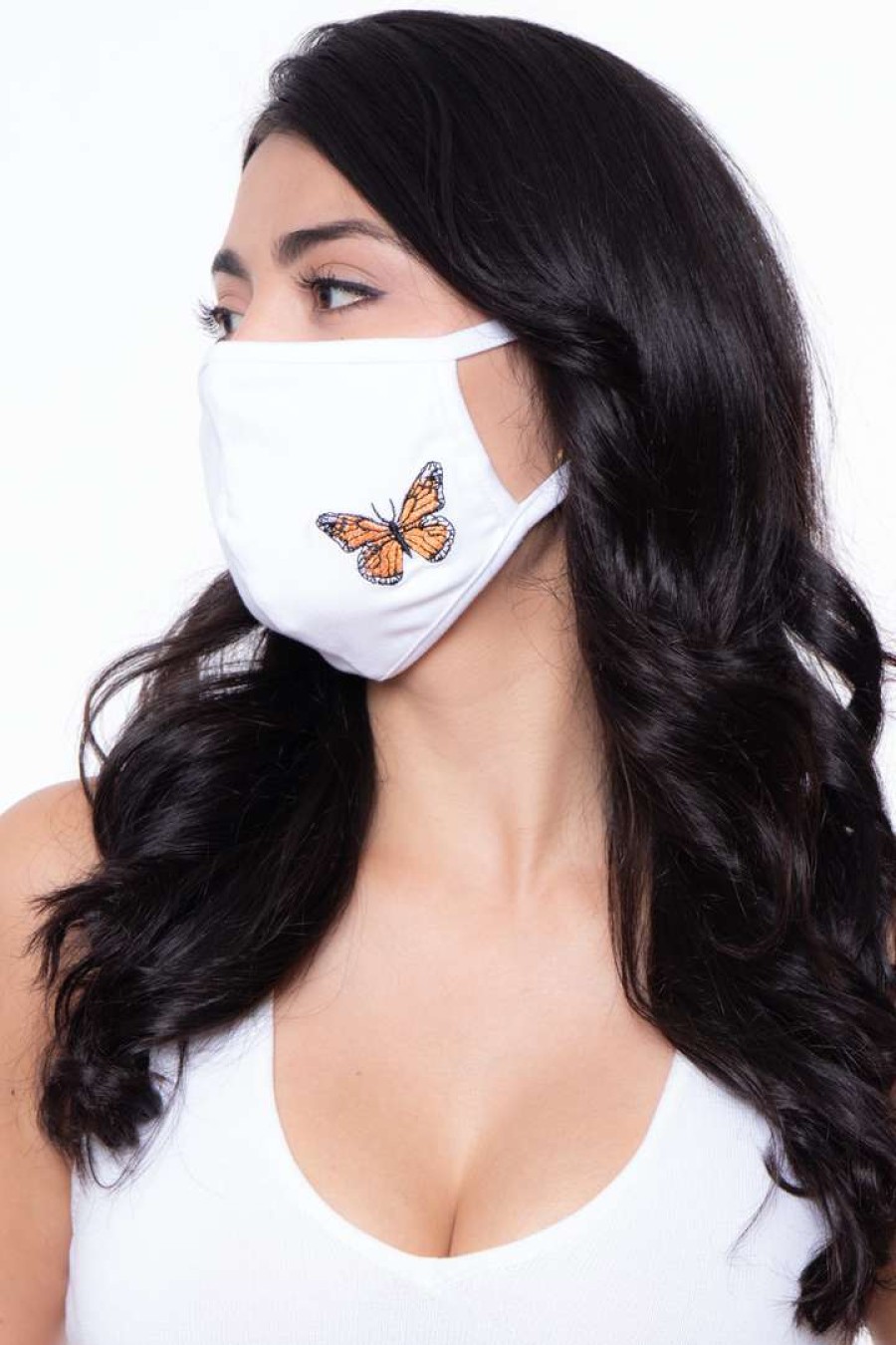 Accessories * | Curvy Sense Washable & Reusable Embroidered Face Mask Butterfly Face Masks White