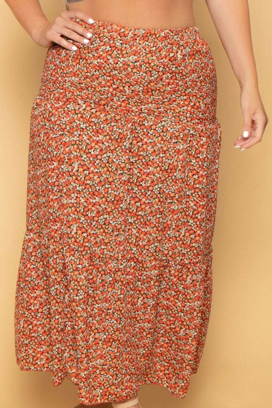 Bottoms * | Sky Plus Plus Size Floral Maxi Skirt New Arrivals Orange