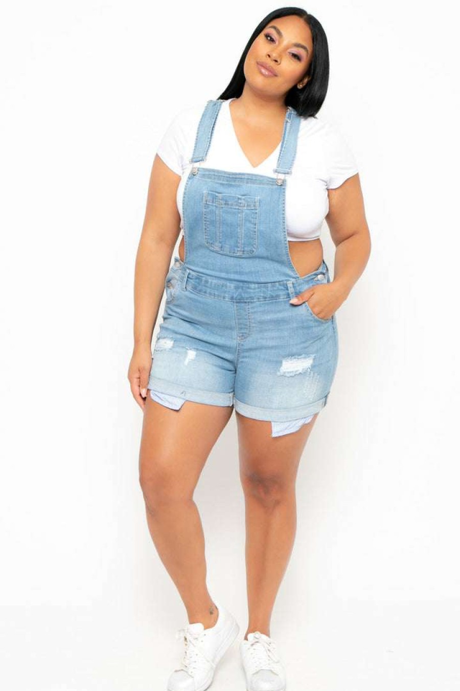 Bottoms * | Wax Jean Plus Size Destroyed Basic Denim Overall Shorts Light Wash