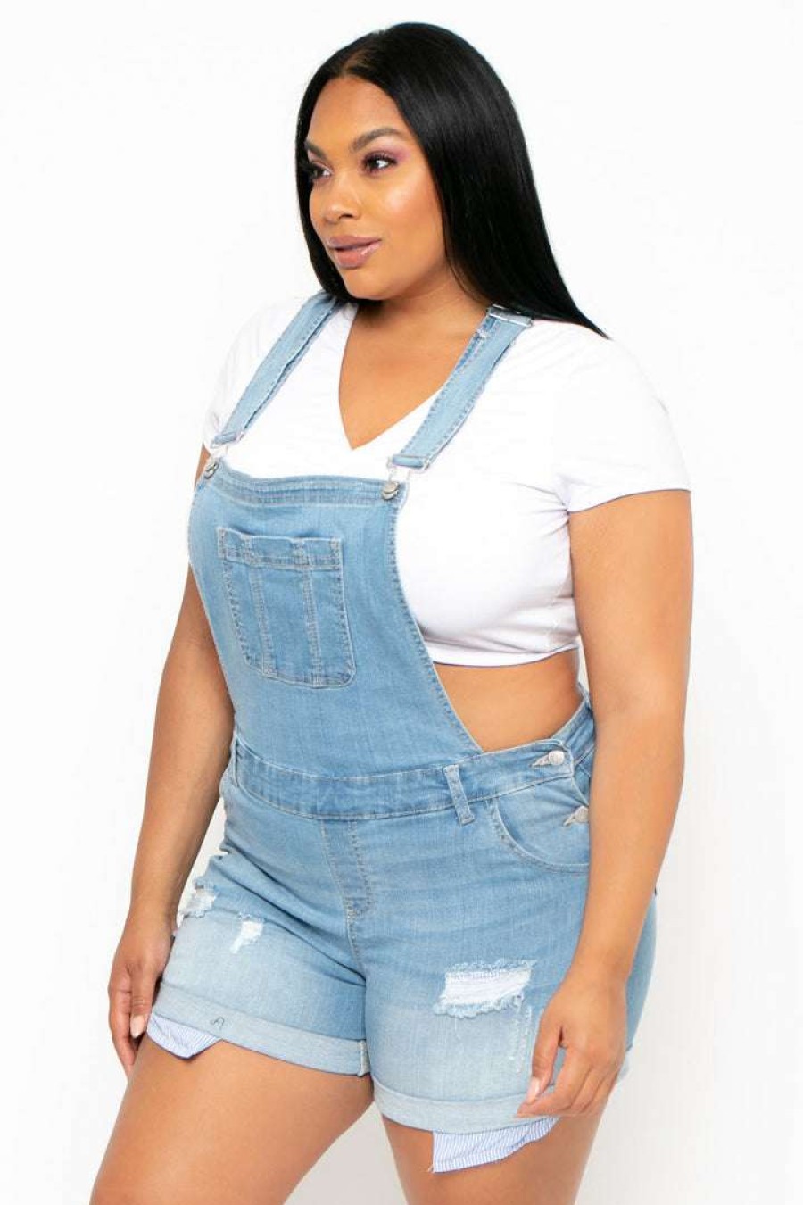 Bottoms * | Wax Jean Plus Size Destroyed Basic Denim Overall Shorts Light Wash