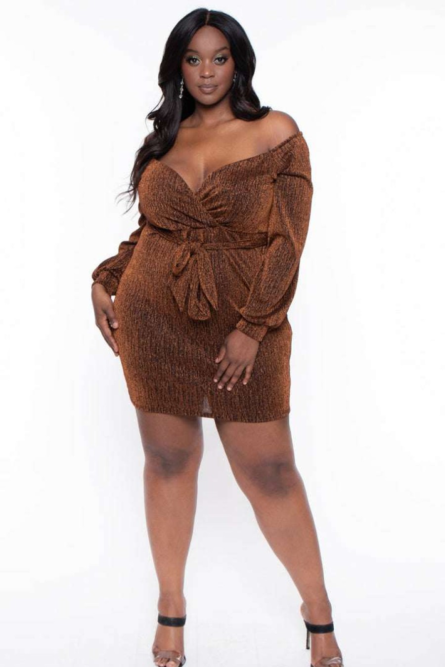 Dresses * | Curvy Sense Plus Size Rhianna Metallic Surplice Dress Party Shop Gold