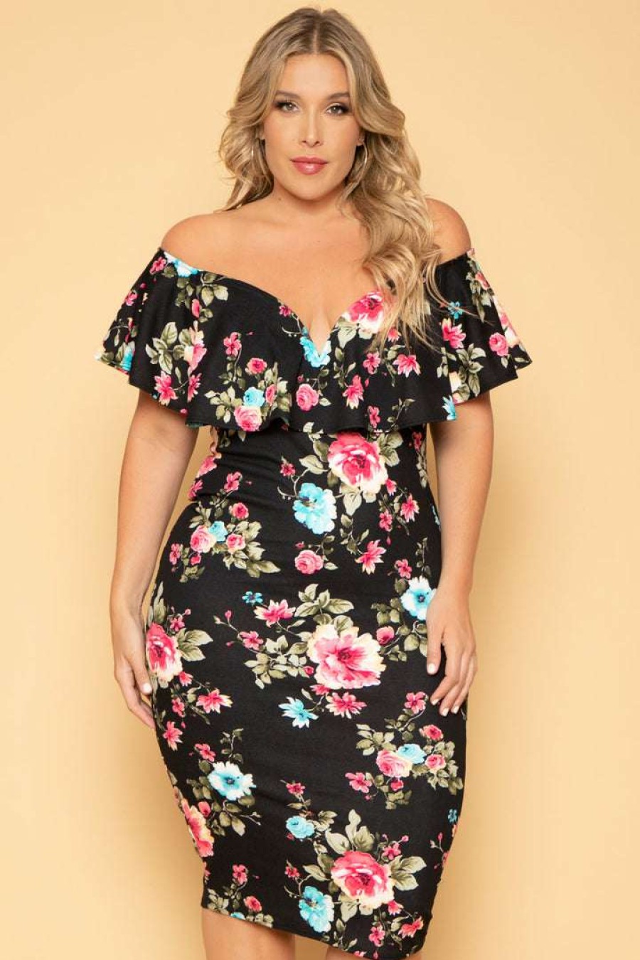 Dresses * | Curvy Sense Plus Size Floral Frill Bodycon Dress New Arrivals Black