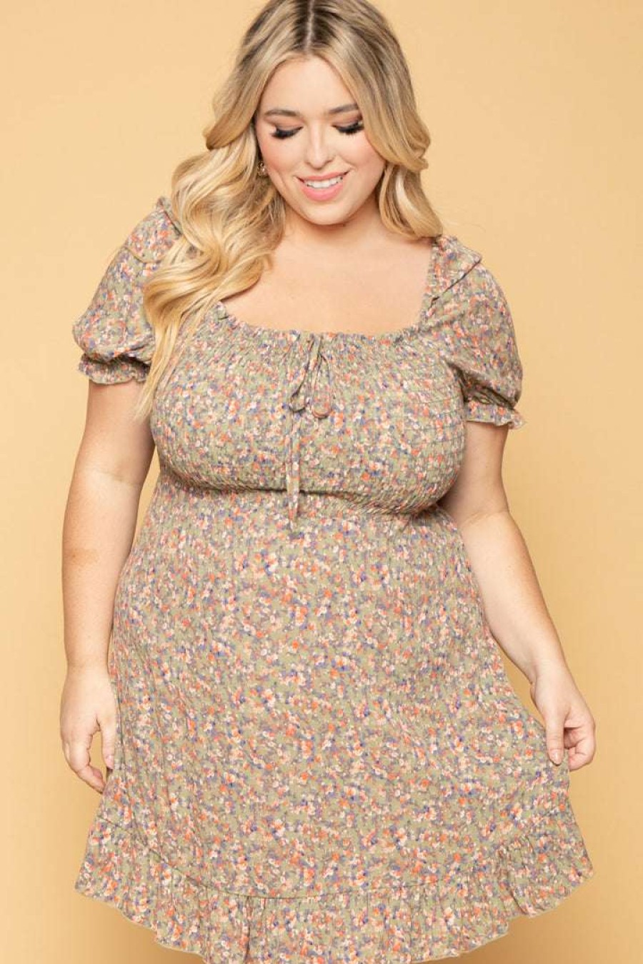 Dresses * | Sky Plus Plus Size Freesia Smocked Floral Dress Sage