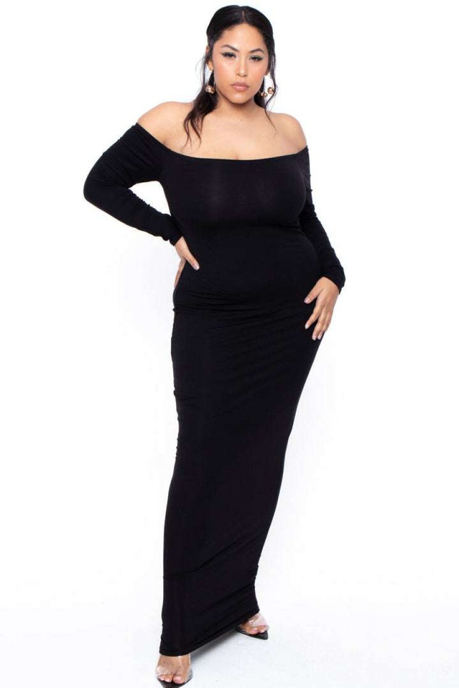 Dresses * | Curvy Sense Plus Size Off The Shoulder Maxi Dress Little Styles Black