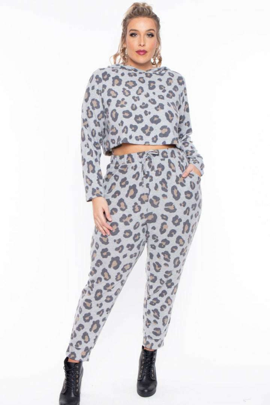 Sets * | Curvy Sense Sets Plus Size Nisha Leopard Lounge Set Gray