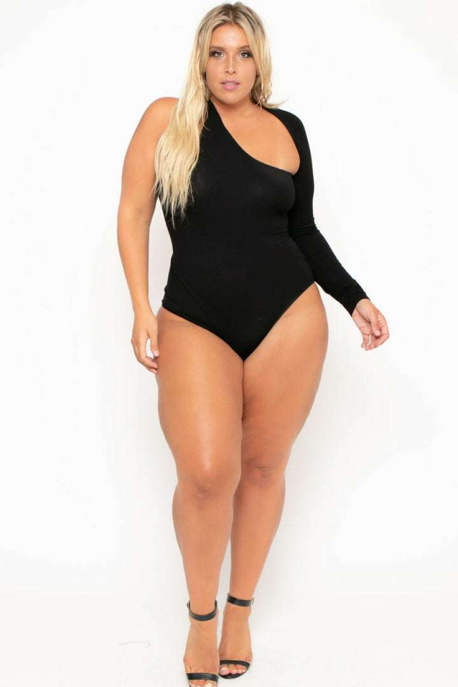 Tops * | Curvy Sense Plus Size Asymmetric Wrap Around Bodysuit Black