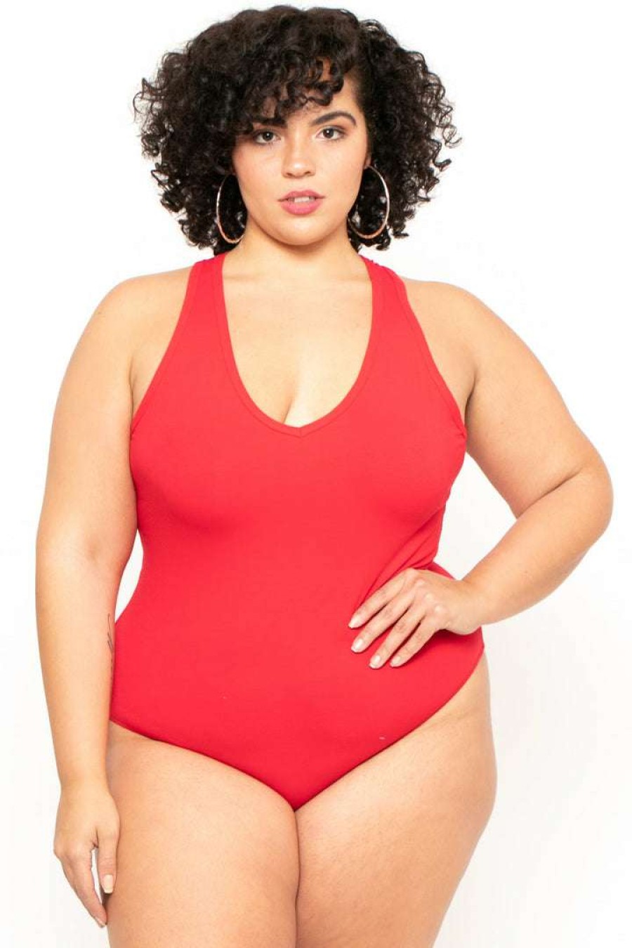 Tops * | Ambiance Tops Plus Size V-Neck Bodysuit Red