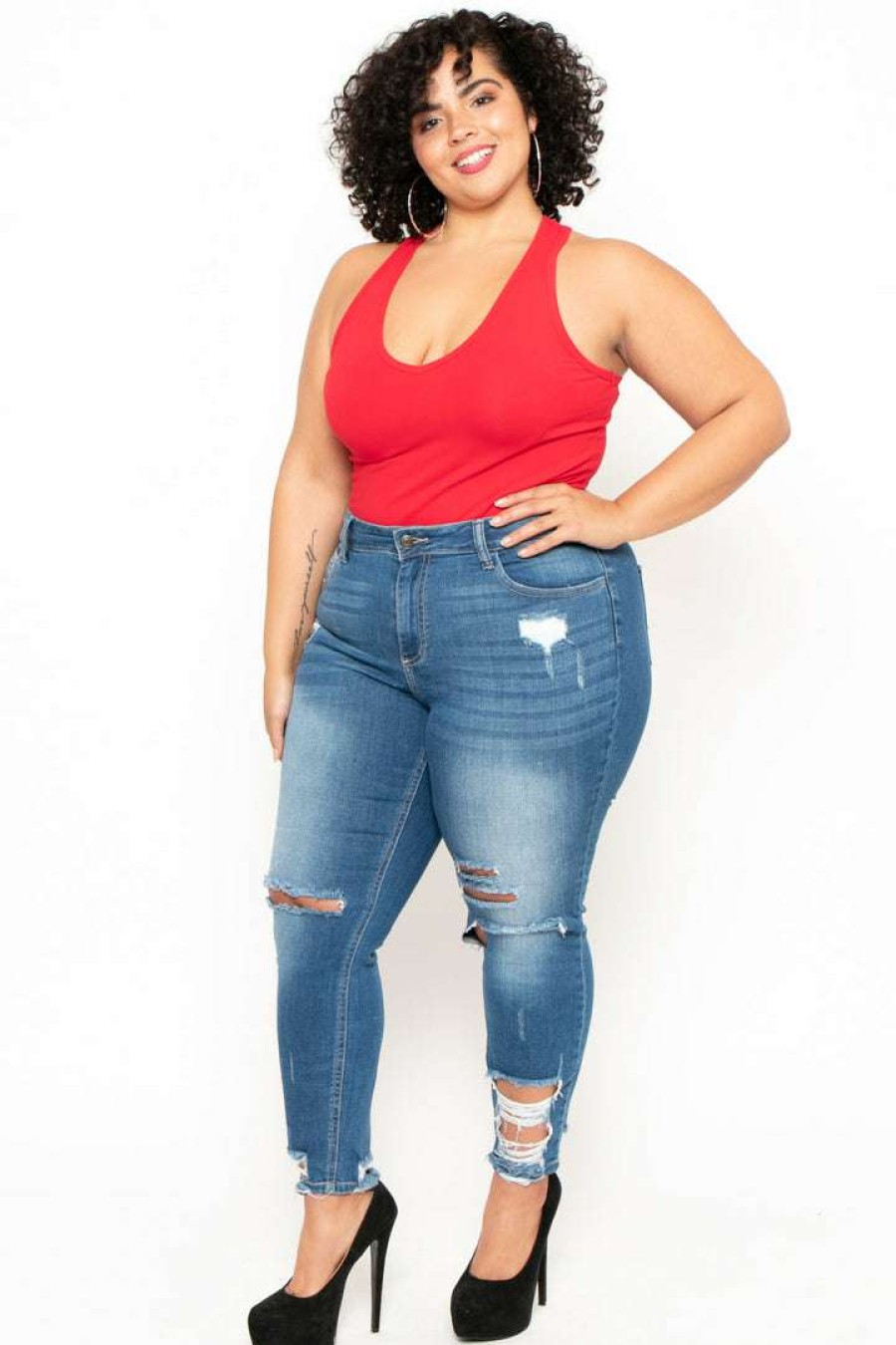 Tops * | Ambiance Tops Plus Size V-Neck Bodysuit Red