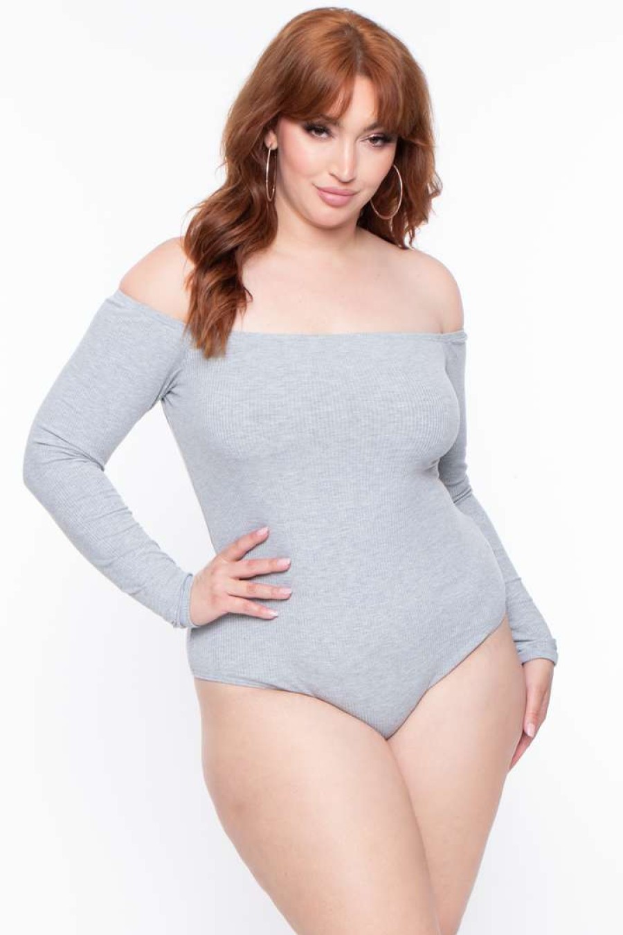 Sets * | Curvy Sense Essential Mix Plus Size Essential Ribbed Off The Shoulder Bodysuit Heather Grey