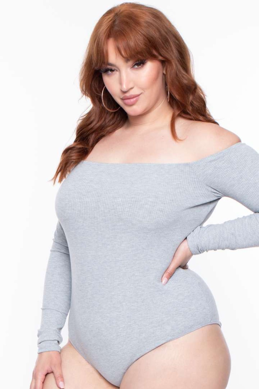 Sets * | Curvy Sense Essential Mix Plus Size Essential Ribbed Off The Shoulder Bodysuit Heather Grey