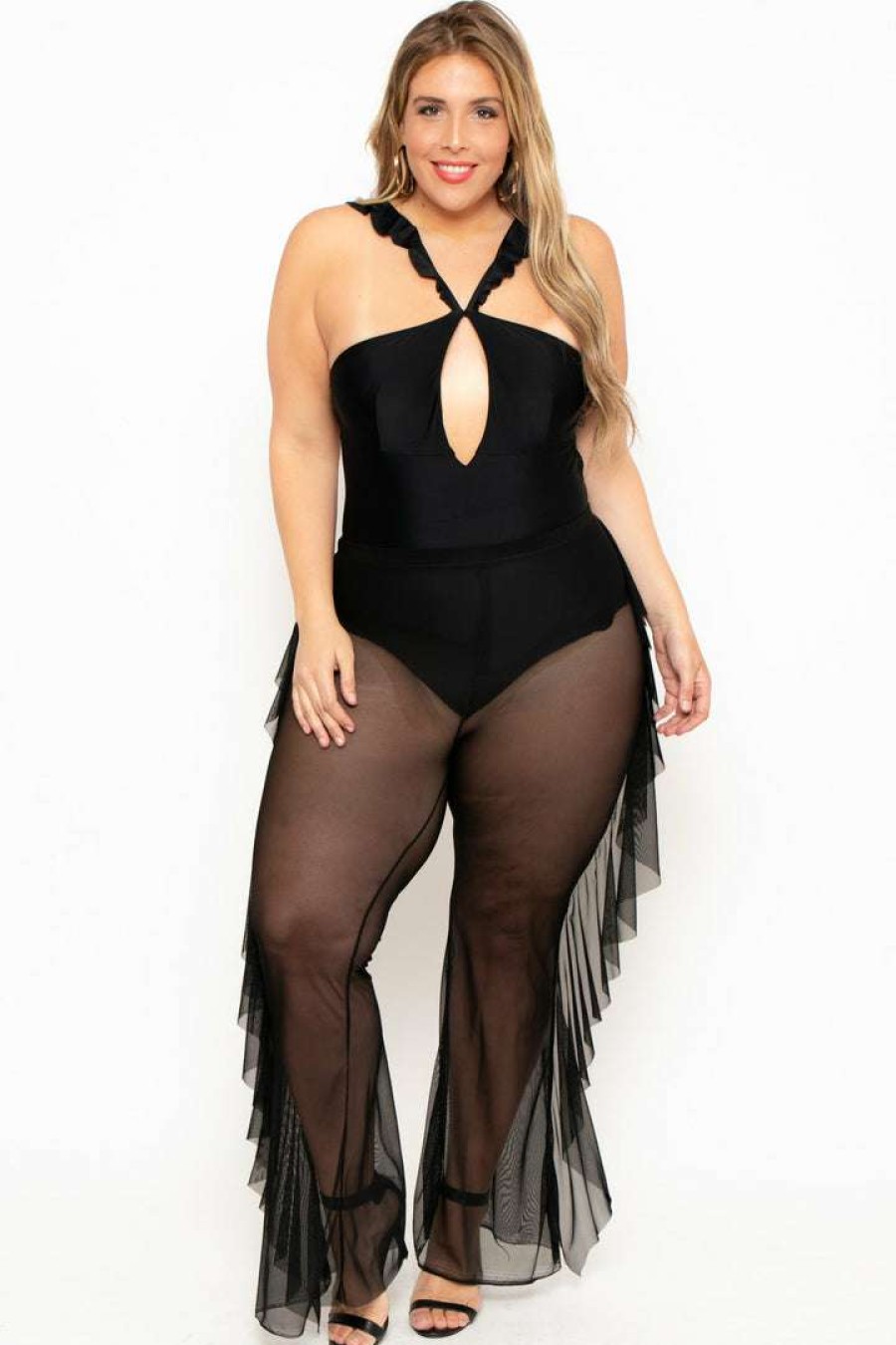 Bottoms * | Curvy Sense Plus Size Sheer Mesh Ruffle Pants Black