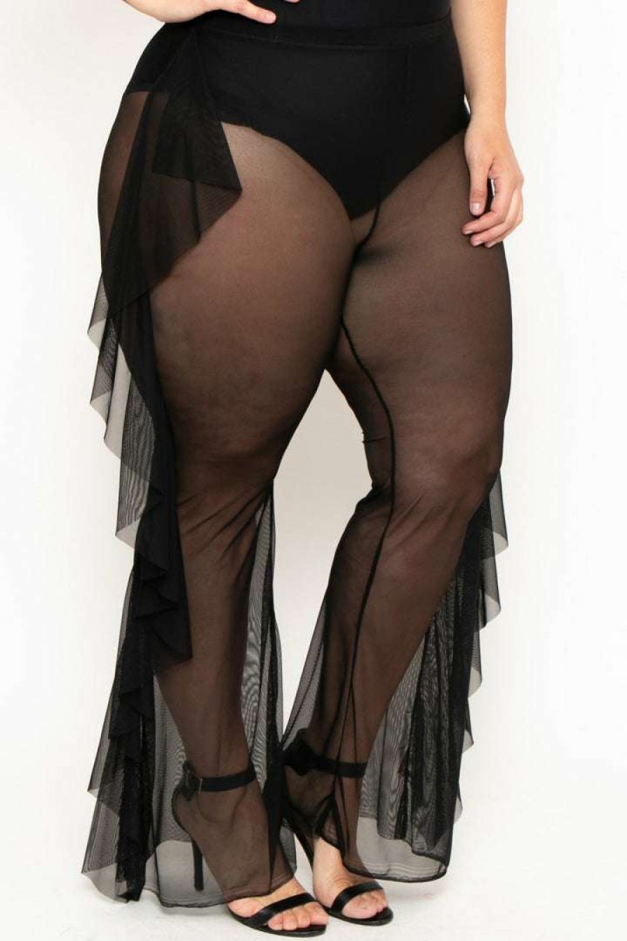 Bottoms * | Curvy Sense Plus Size Sheer Mesh Ruffle Pants Black