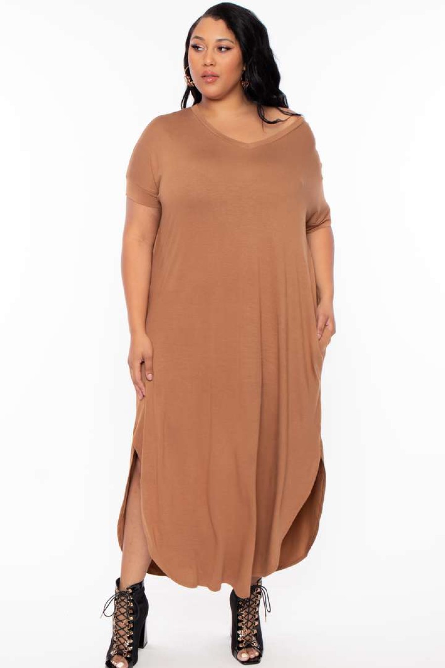 Dresses * | Zenana Plus Size Maxi T-Shirt Dress Camel