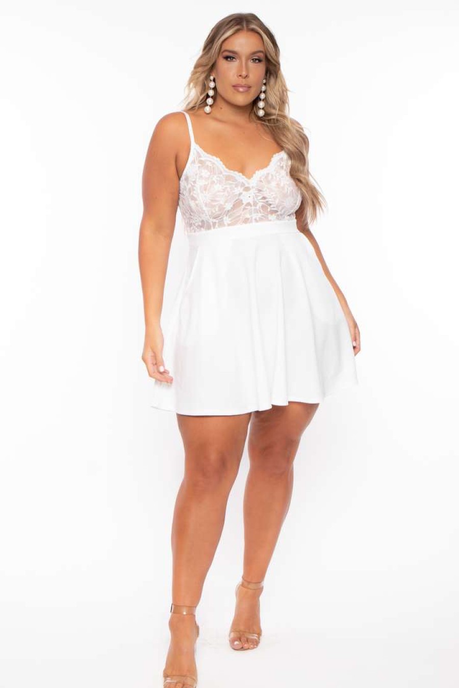 Dresses * | Curvy Sense New Arrivals Plus Size Cami Lace Top Dress Ivory