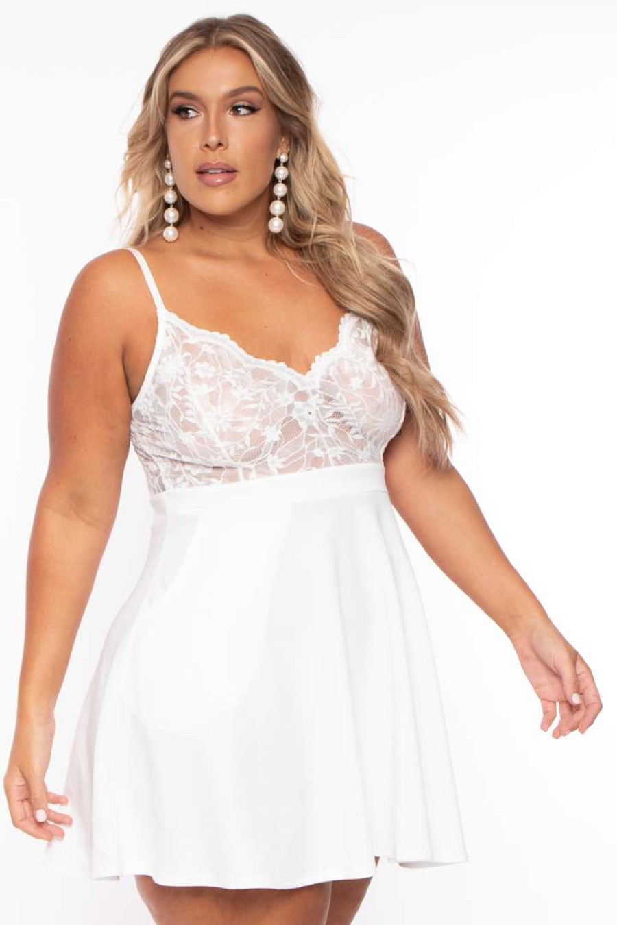 Dresses * | Curvy Sense New Arrivals Plus Size Cami Lace Top Dress Ivory