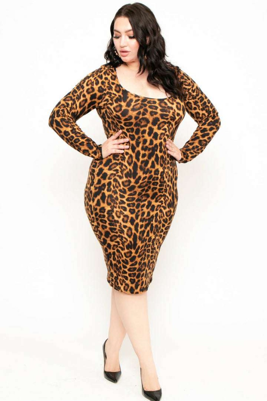 Dresses * | Curvy Sense Plus Size Leopard Bodycon Dress Brown