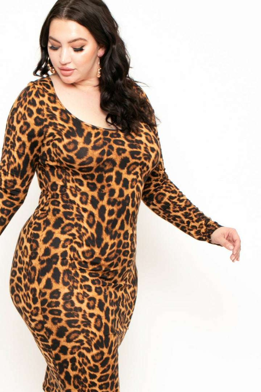 Dresses * | Curvy Sense Plus Size Leopard Bodycon Dress Brown