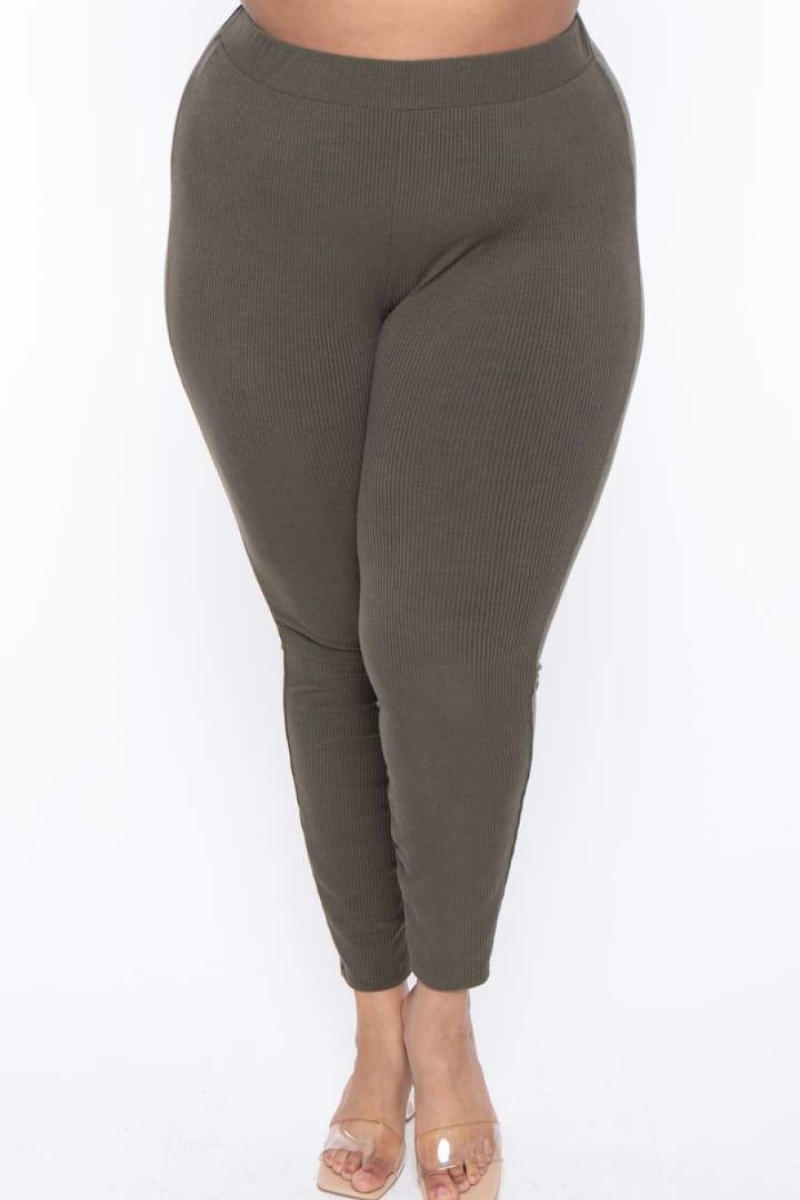 Sets * | Curvy Sense Essential Mix Plus Size Essential Ribbed High Waist Leggings Olive