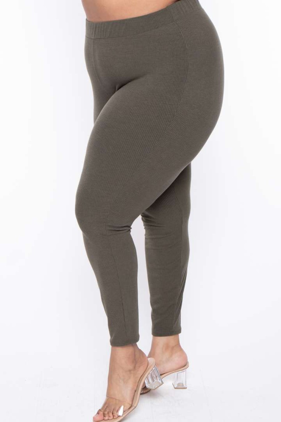 Sets * | Curvy Sense Essential Mix Plus Size Essential Ribbed High Waist Leggings Olive