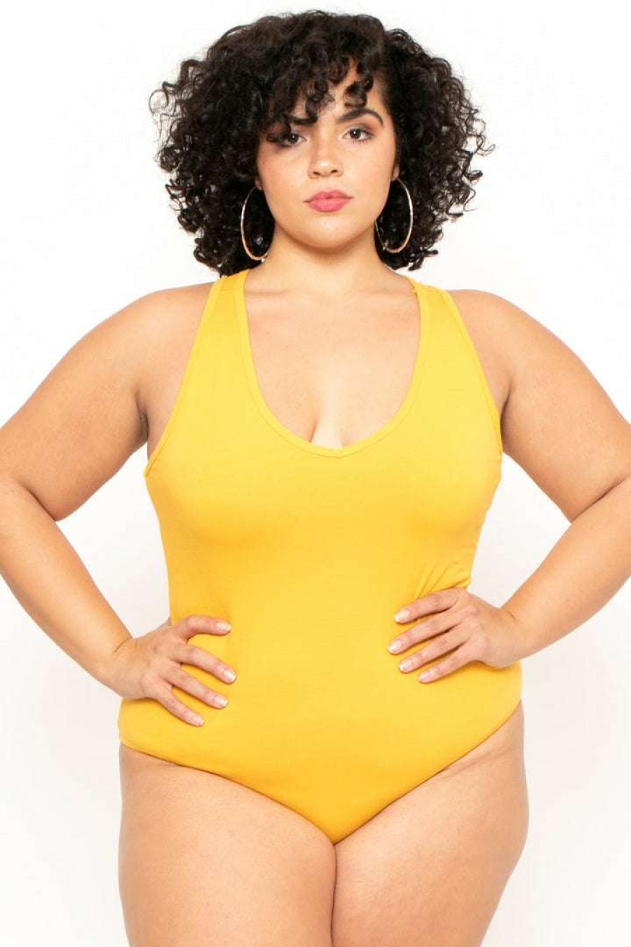 Tops * | Ambiance Tops Plus Size V-Neck Bodysuit Mustard