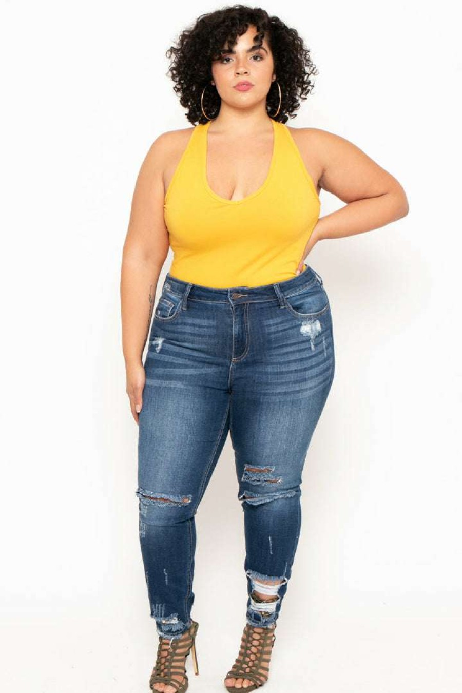 Tops * | Ambiance Tops Plus Size V-Neck Bodysuit Mustard