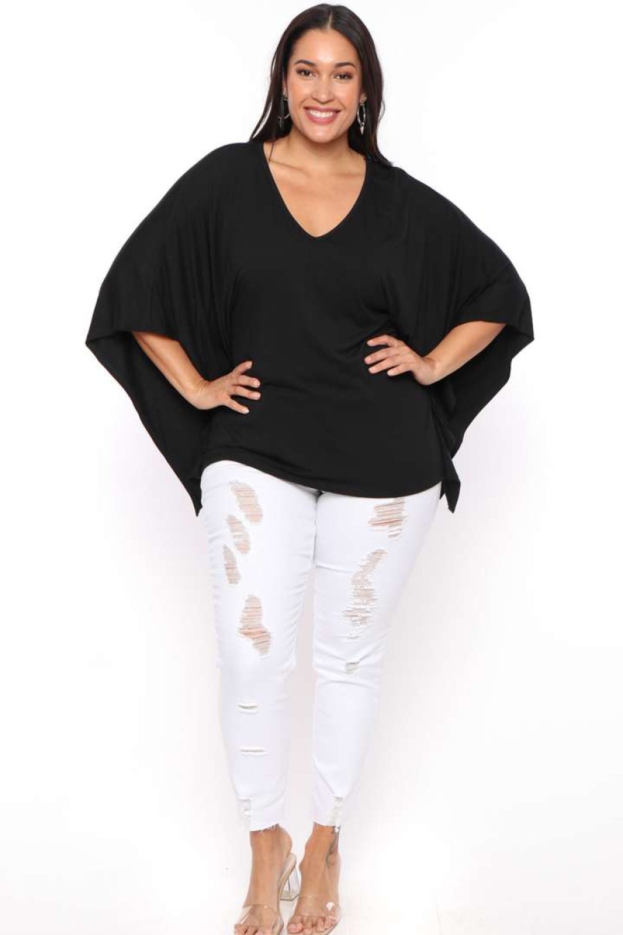 Tops * | Curvy Sense Plus Size Drape Flare Top Back In Stock Black