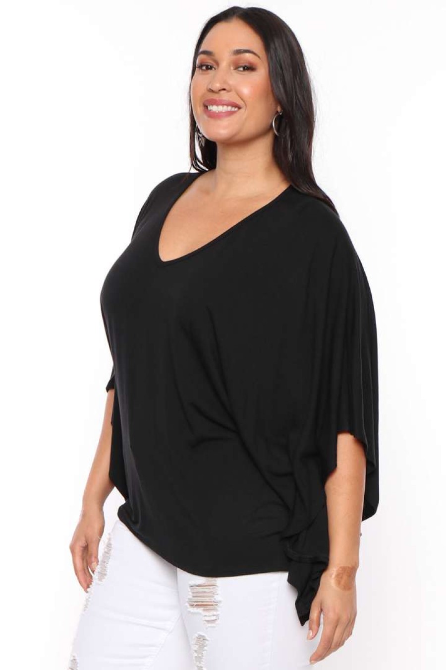 Tops * | Curvy Sense Plus Size Drape Flare Top Back In Stock Black