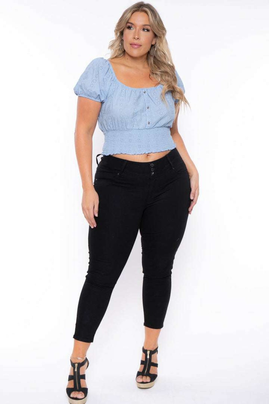 Tops * | Ambiance New Arrivals Plus Size Lillian Eyelet Top Blue